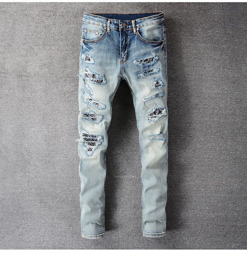 Abbigliamento maschile, marchio di moda di alta moda, tendenza abbigliamento maschile, jeans aderenti elasticizzati con toppe sul ginocchio, pantaloni skinny_voghion.com