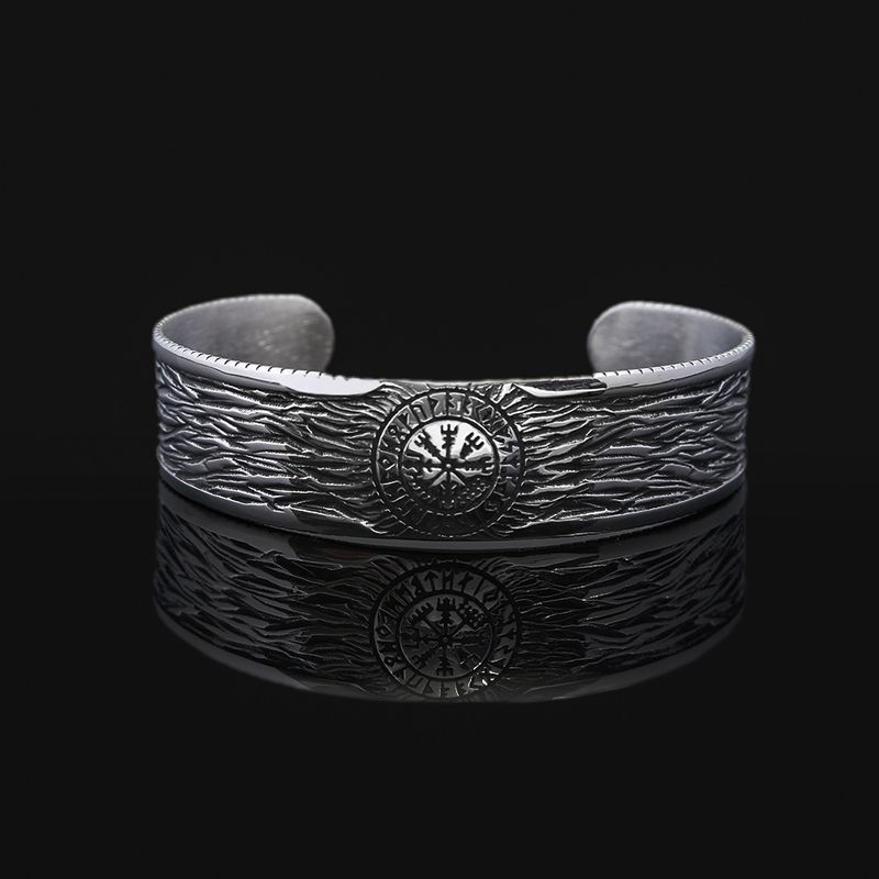 Braccialetto versatile da uomo in acciaio inossidabile con mitologia nordica e vichingo, stile retrò, con rune antiche e bracciale aperto solido_voghion.com