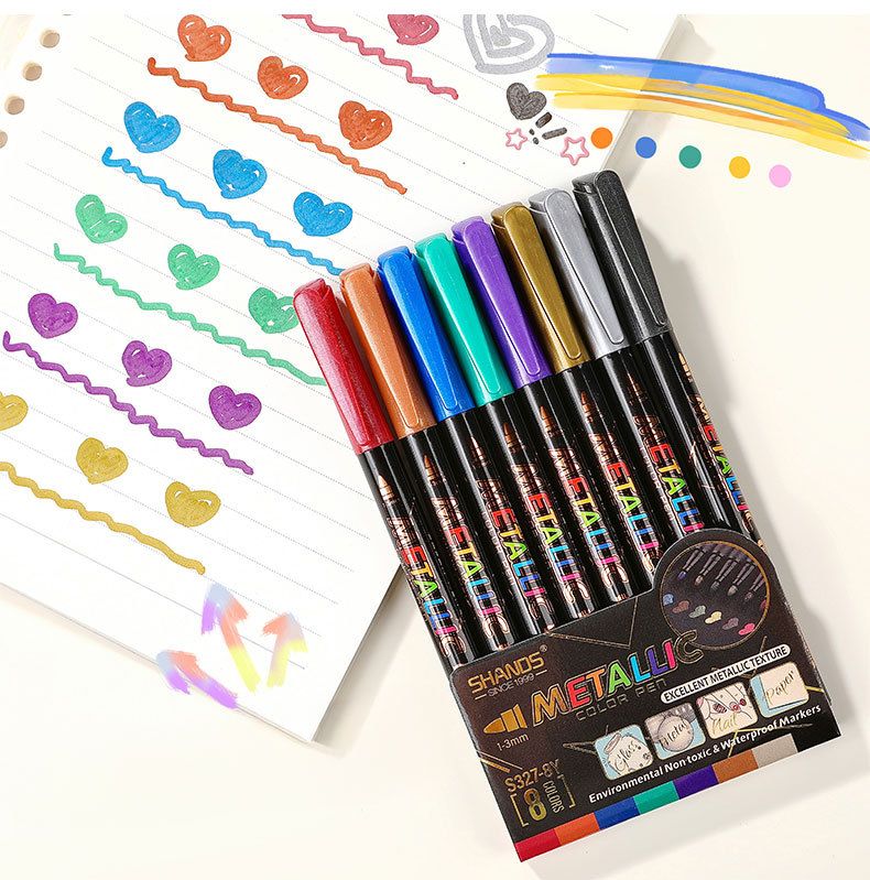 Metallic Brush Pens Set Of 8 - Smooth Fiber Tip Fine Line Markers For Calligraphy, Journaling & Art (1-3mm Line Width, Vibrant Colors)_voghion.com