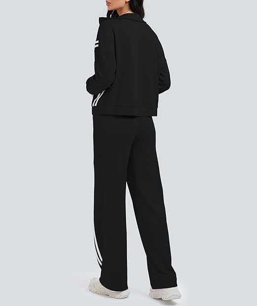 Completo da salotto elegante da donna in due pezzi: tuta con zip e strisce a contrasto e pantaloni jogger a gamba larga per viaggi e allenamento_voghion.com