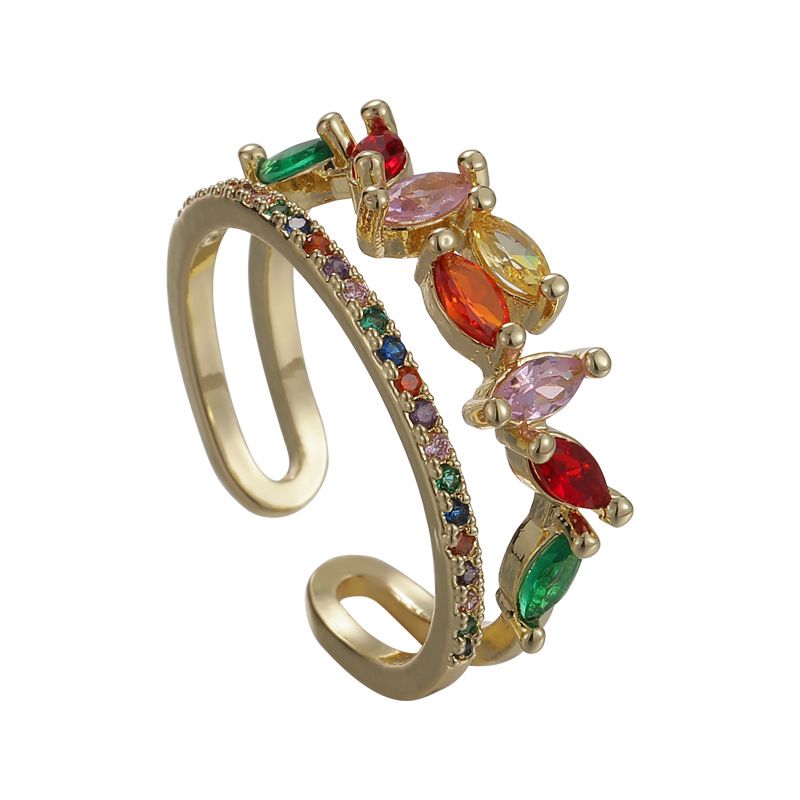Micro Paved Colorful Zircon Fashionable Luxurious Gold Metal Stacked Open Ring Jewelry_voghion.com