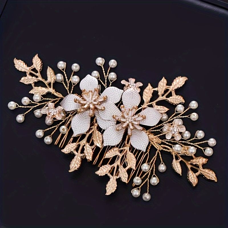 Pettine per capelli da sposa Copricapo Accessori per capelli con perle fatti a mano Acconciatura laterale intrecciata Pettine per capelli con fiori di perle_voghion.com