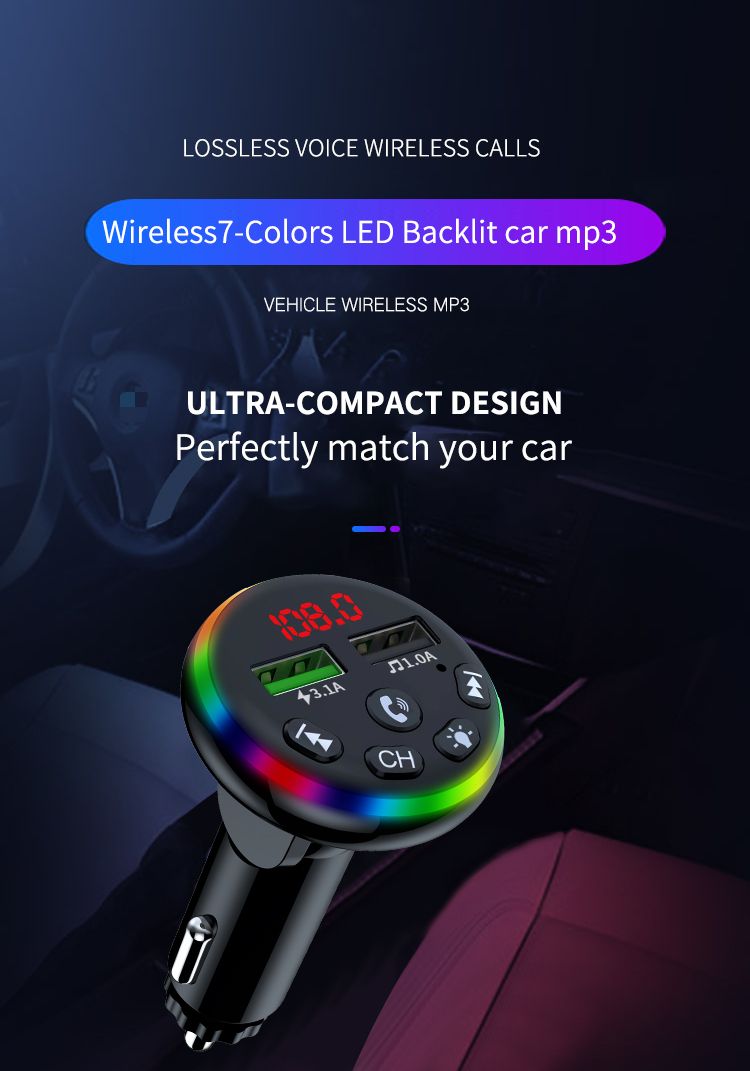 Nabíječka do auta Nabíječka mobilních telefonů Bluetooth Hands-free volání USB port s funkcí nabíjení 3,1A Barevné okolní světlo FM vysílač_voghion.com