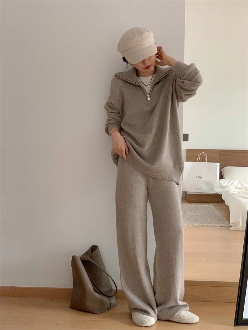 Vestito in stile delicato al latte, maglione pullover largo da donna, pantaloni larghi a gamba larga, casual, autunno e inverno, set in due pezzi lavorato a maglia_voghion.com