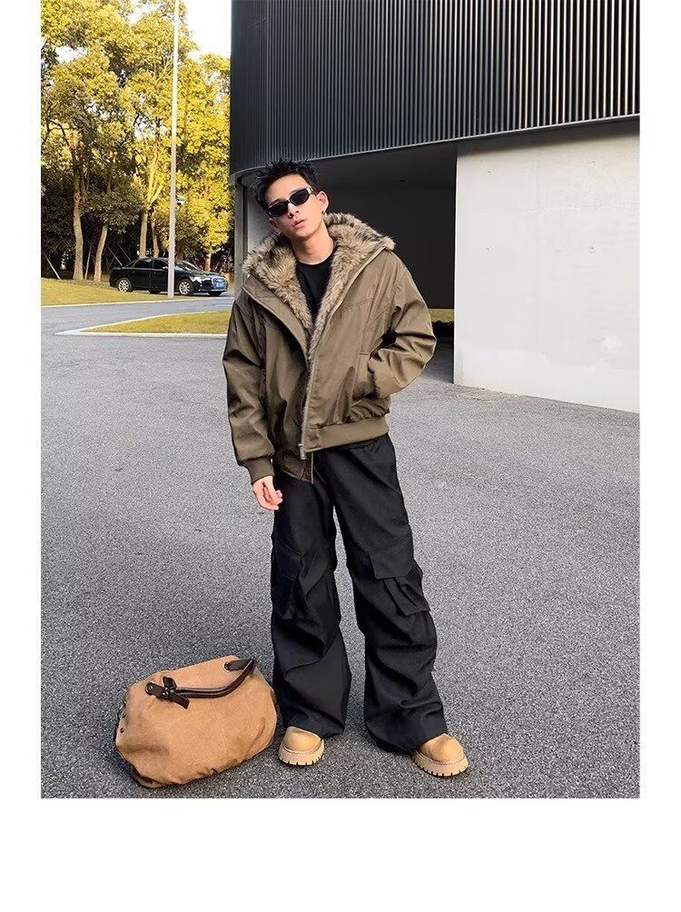 Herbstliche amerikanische Fliegerjacke mit Bergadler-Pelzkragen, gefüttert mit Baumwolle, Winterjacke mit dicker Verarbeitung_voghion.com