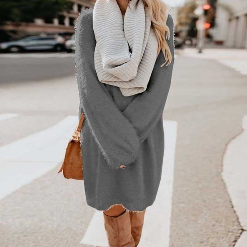 Robe ample en peluche mi-longue à manches longues et col rond pour femme automne/hiver 2023_voghion.com
