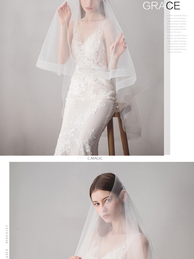 Ladies stretch mesh bridal veil white edged double layer wedding veil accessories _voghion.com