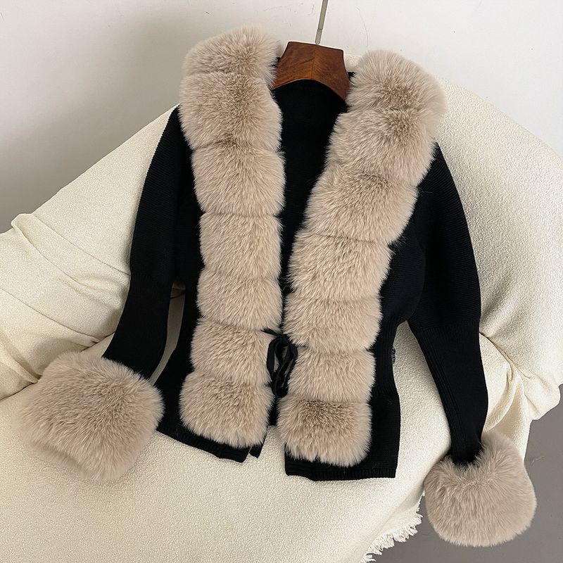 Damenbekleidung Herbst und Winter Strickpullover Pelz Knopfleiste Manschetten Abnehmbarer Strickpullover_voghion.com