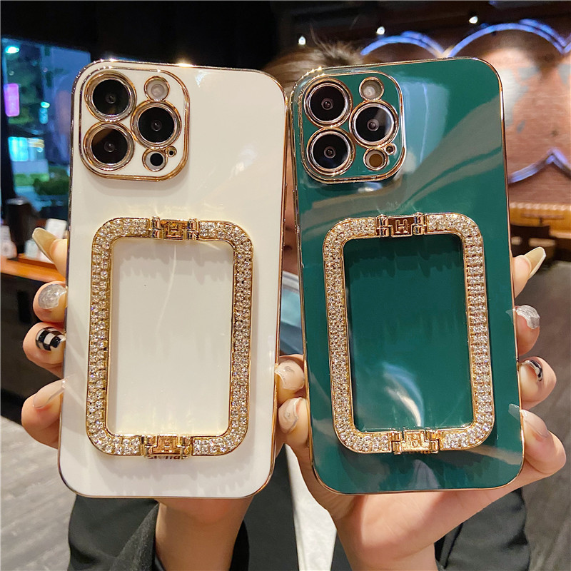 Korea 3D Krystal Firkantet Holder Forgyldt telefoncover til iphone 14 12 Pro Max MiNi 11 13 Pro X XS XR 6 S 7 8 Plus SE Cover_voghion.com