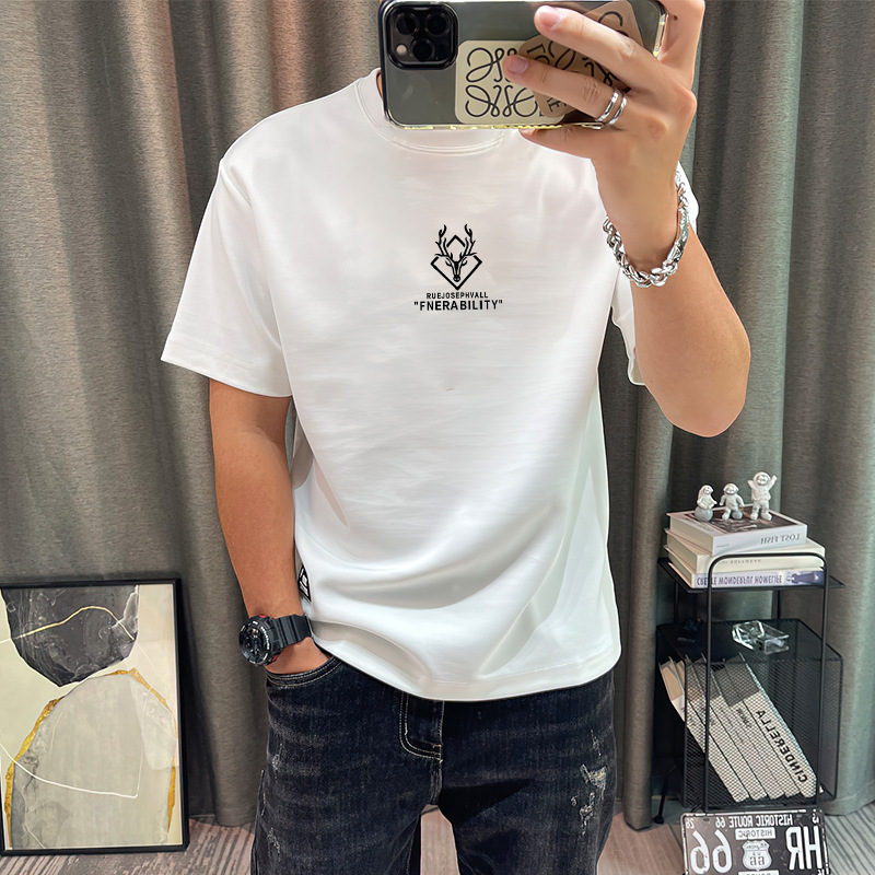 Girocollo corto ampio in puro cotone, T-shirt casual alla moda, etichetta moda uomo stampata a maniche corte_voghion.com