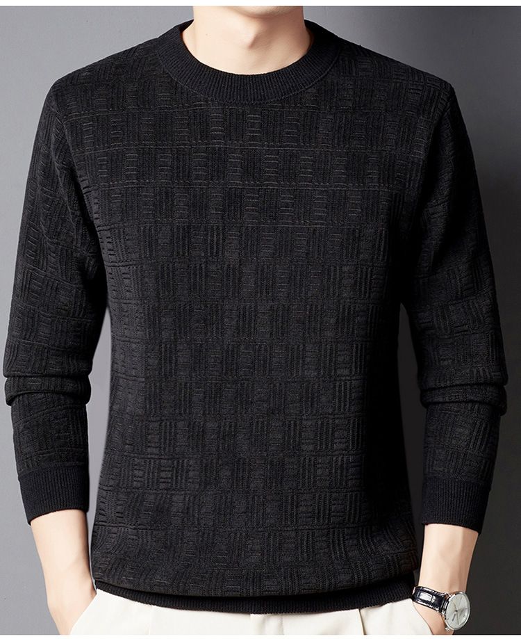 Men's Clothing Plus Velvet Sweater Men's Thickened Jacquard Plaid One piece Velvet Warm Top Solid Color Round Neck Bottoming Sweater_voghion.com