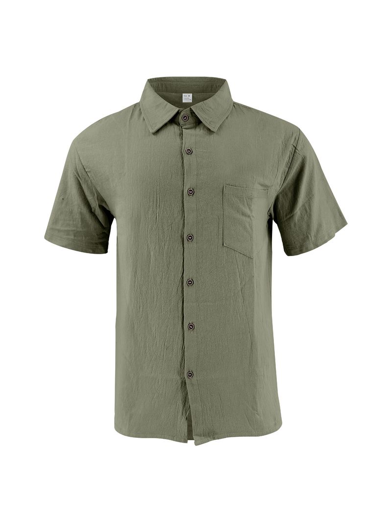 Camicia da uomo in lino a maniche corte, casual, traspirante, con bottoni, per le vacanze estive in spiaggia, con tasche_voghion.com