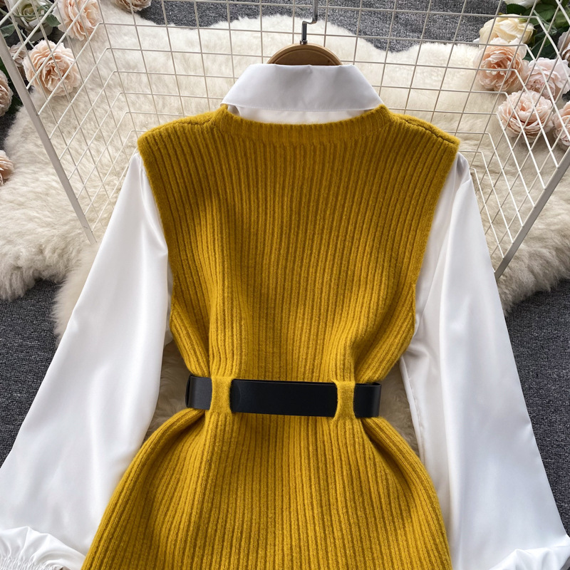 Set de două piese pentru femei, cămașă albă cu mâneci lungi și vestă din tricot despicat_voghion.com