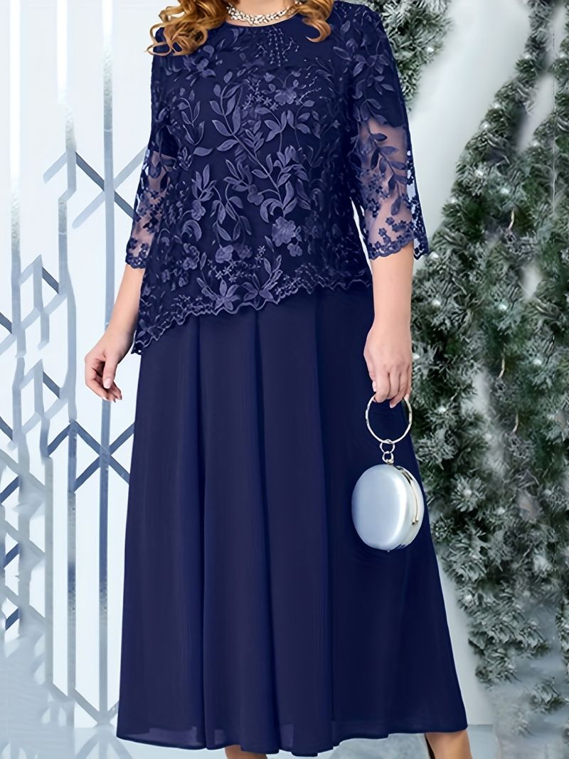 Vestido de cóctel delgado de encaje bordado empalmado de talla grande para mujer_voghion.com