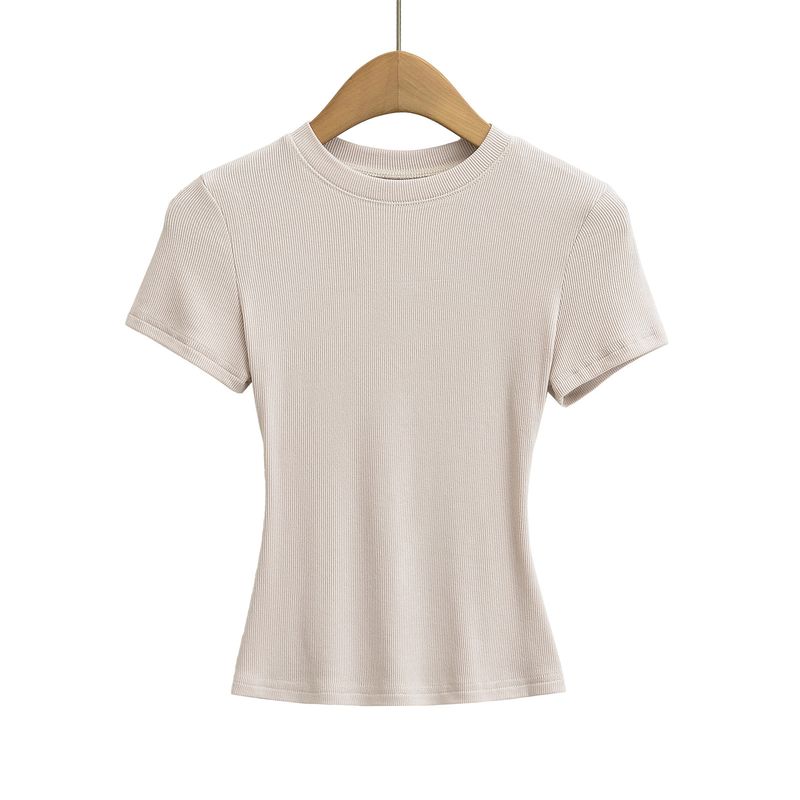 Maglietta sportiva elastica a maniche corte attillata in filo da donna, estiva, aderente, con scollo rotondo, tinta unita_voghion.com