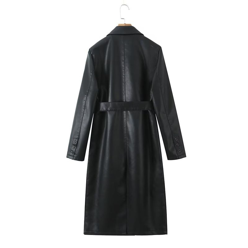 Trench in similpelle di ispirazione francese per donna – Cappotto lungo con cintura e dettagli in rilievo 3D (S-L, nero/marrone)_voghion.com