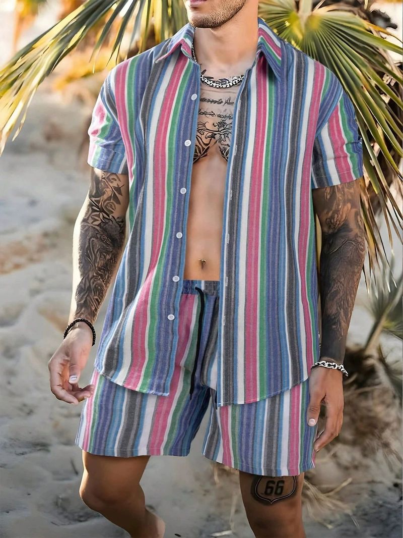 Ensemble de vêtements d'été pour hommes, chemise hawaïenne à rayures, impression 3D, short à manches courtes, ensemble 2 pièces, bordure croisée_voghion.com