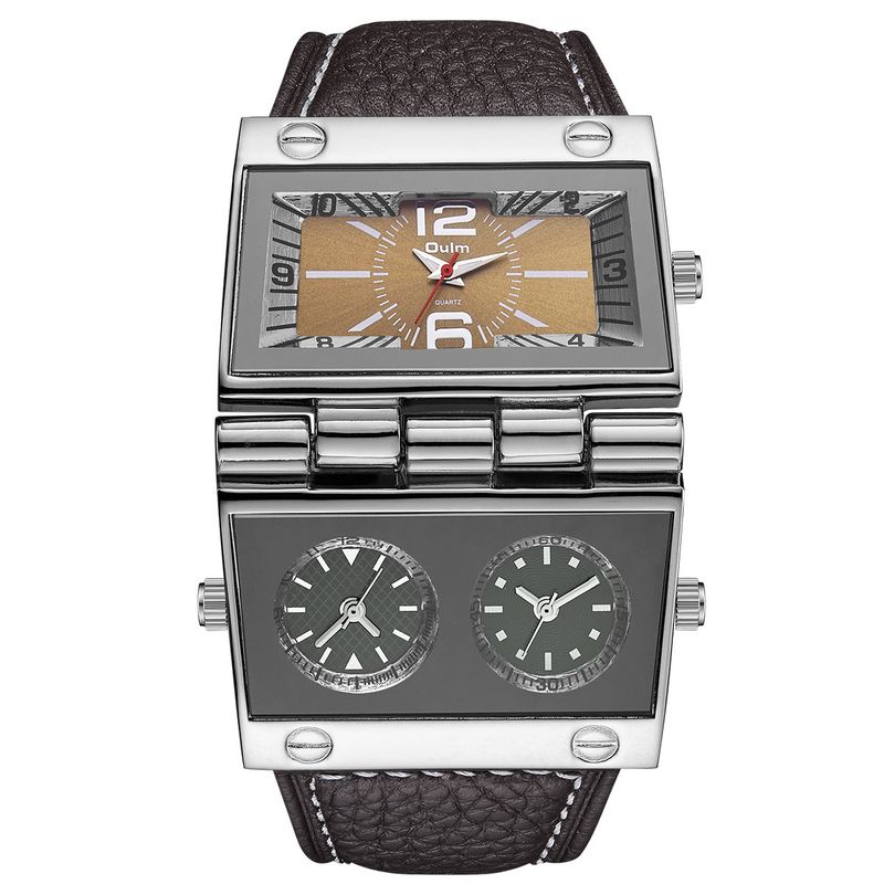 Men's Stylish Multi-Time Zone Quartz Watch With Large Square Dial, Genuine Leather Strap, And 30M Water Resistance_voghion.com