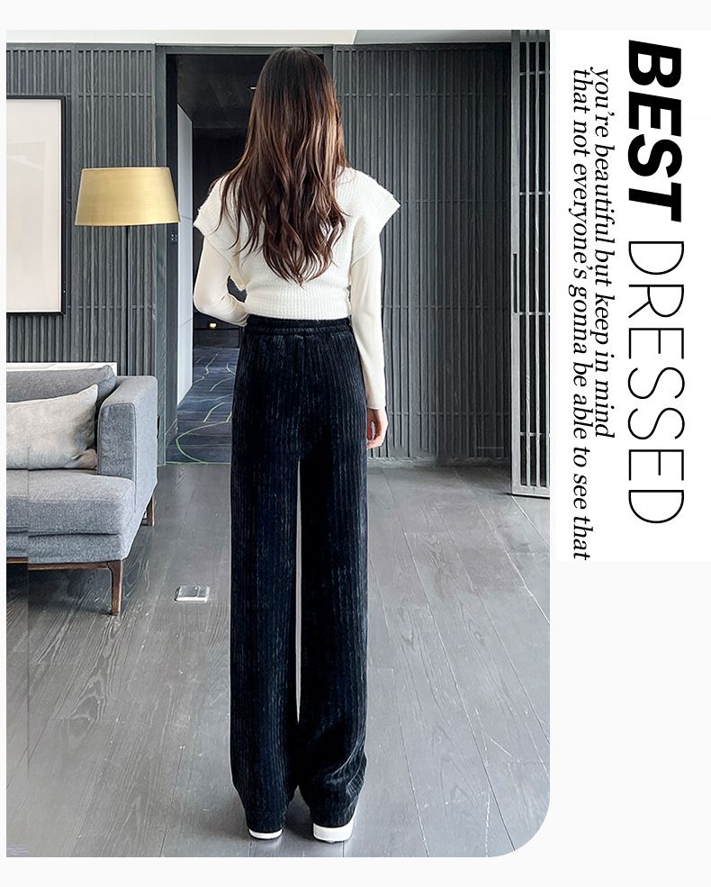 Pantaloni da donna a gamba larga in velluto a coste e ciniglia - Vita alta, taglio dritto con fodera in morbido pile, pantaloni invernali alla moda e comodi_voghion.com