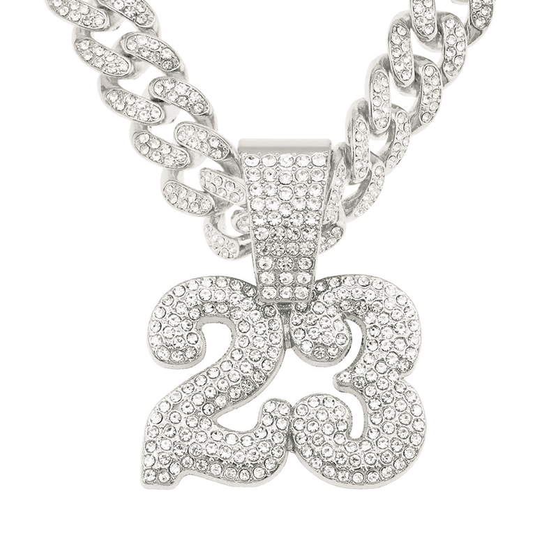 Collana con ciondolo a forma di numero 23, con cristalli Swarovski, da uomo e da donna, con catena cubana da 13 mm, stile hip hop, moda e rock._voghion.com