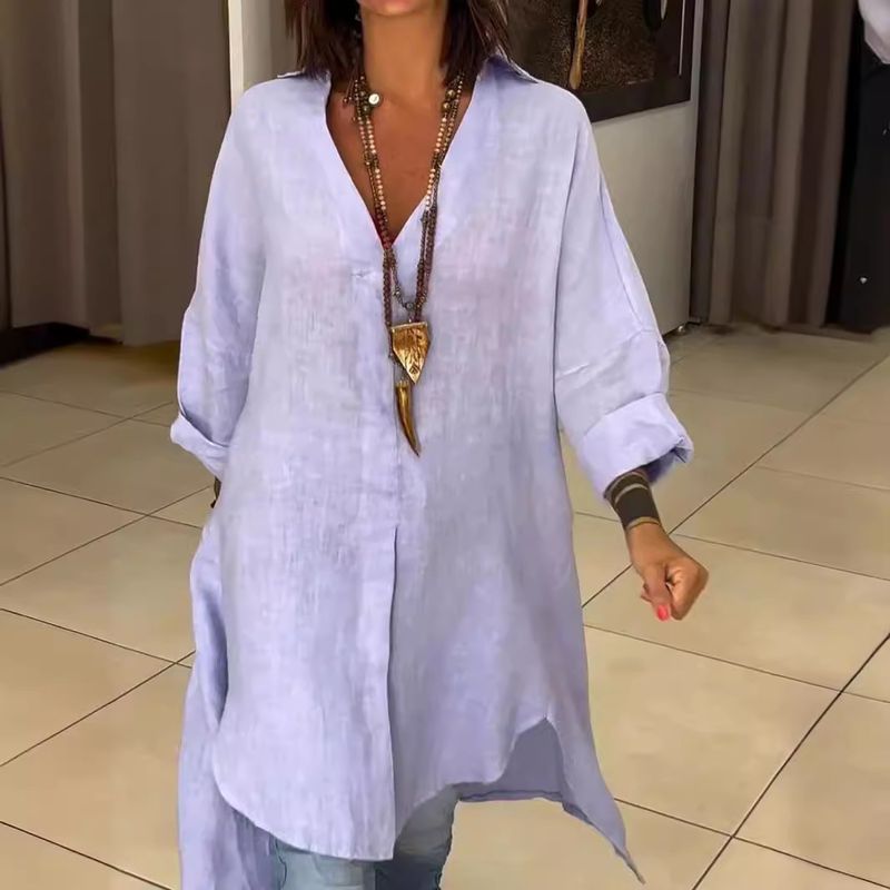 Abito camicia casual da donna in cotone e lino con spacchi larghi_voghion.com
