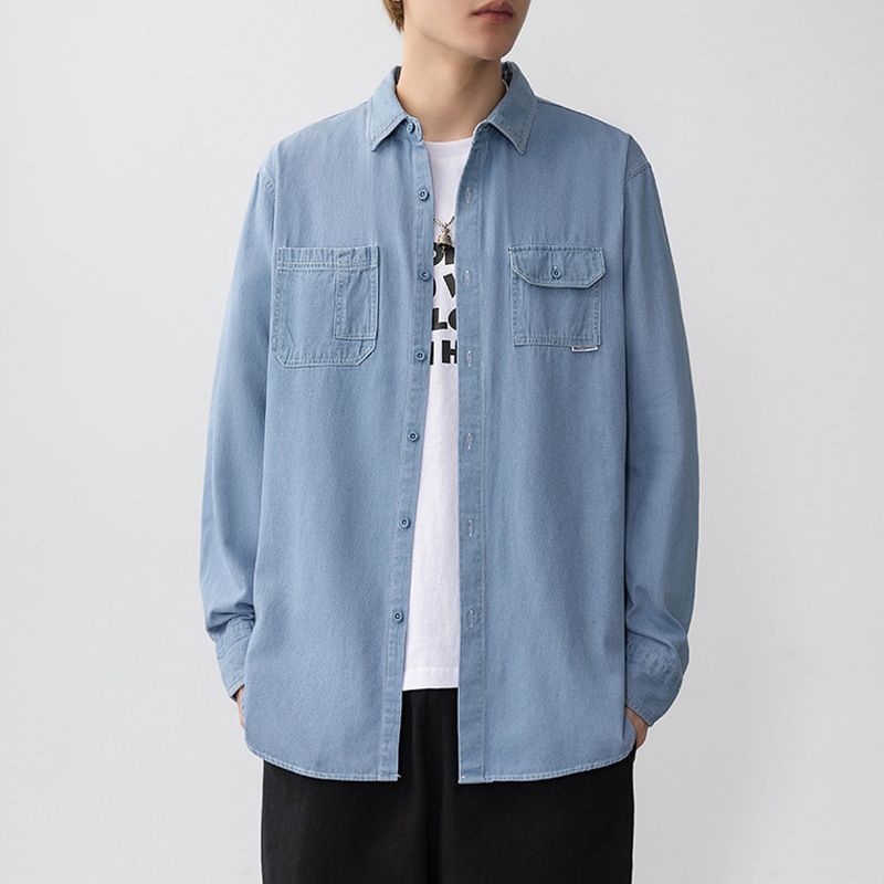 Nuova camicia alla moda con colletto ribaltabile, casual, opzioni multiple, in cotone, a maniche lunghe, in denim, da uomo, alla moda_voghion.com