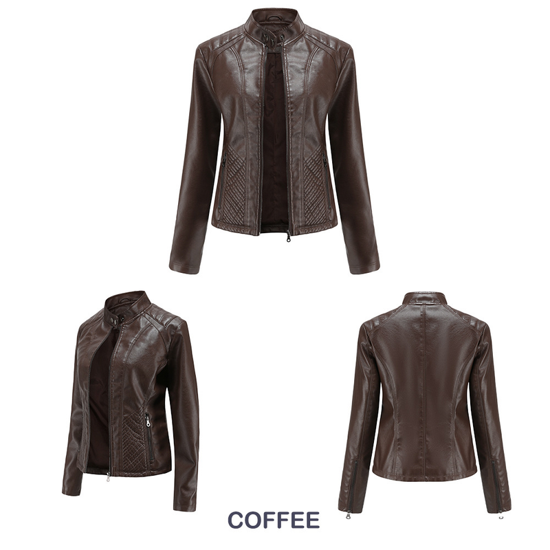 Giacca da motociclista a maniche lunghe, giacca casual in pelle da donna_voghion.com