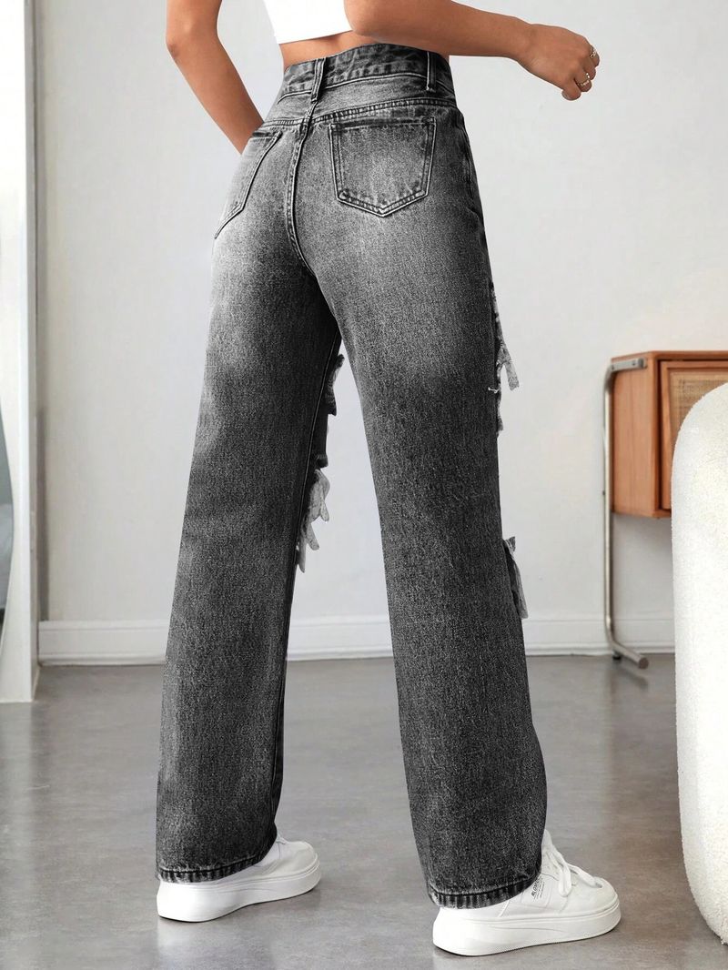 Kadın Giyim Cepli Yırtık Günlük Kot Geniş Paça Pantolon_voghion.com