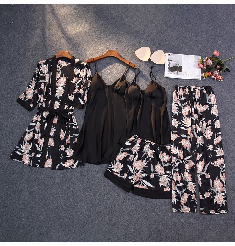 Large size five piece women's summer sexy suspender printed pajama set with colored dice_voghion.com
