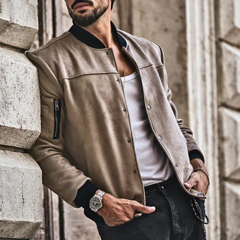 Men's Clothing Autumn and Winter Suede Stand Collar Men's Button Cardigan Jacket Casual Retro Jacket Men_voghion.com