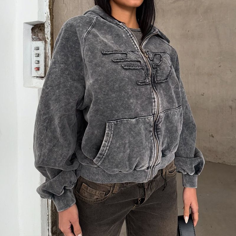 Felpa con cappuccio effetto consumato – Giacca oversize con zip in stile streetwear punk con stampa geometrica_voghion.com