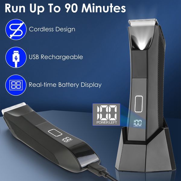 2 In 1 Electric Body Trimmer For Men Cordless Beard Groin Ball Pubic Hair Shaver IPX7 Waterproof Razor With LED Light LCD Display Guard Comb Shaving_voghion.com
