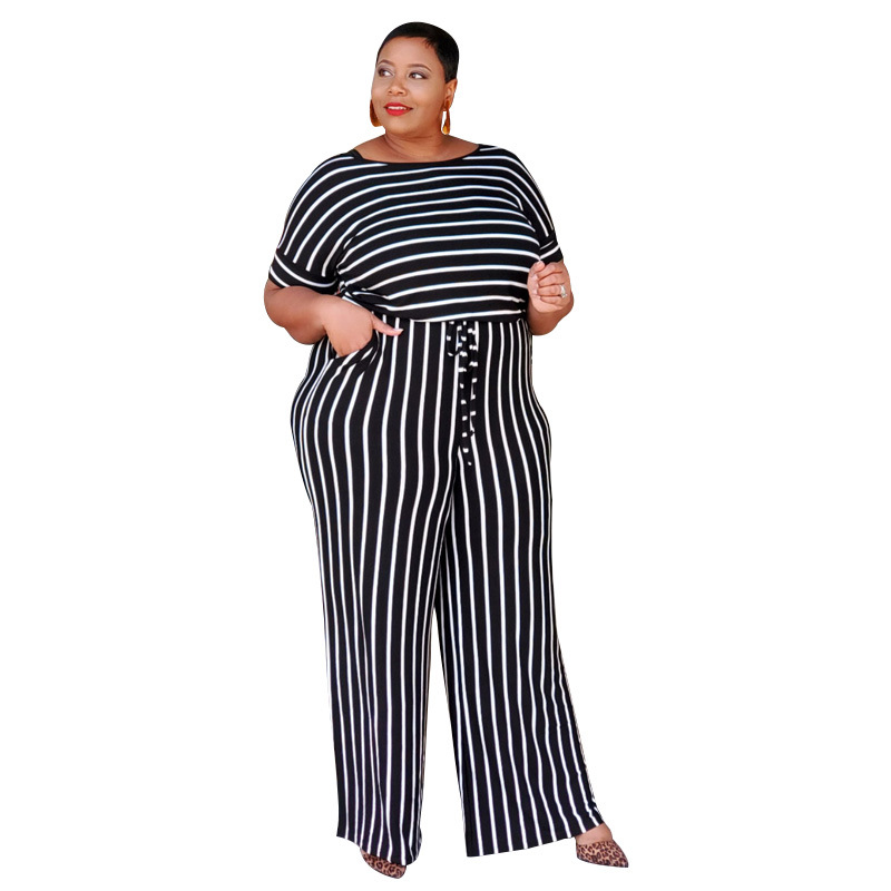 striped printed knitted stretch style women's plus size jumpsuit_voghion.com