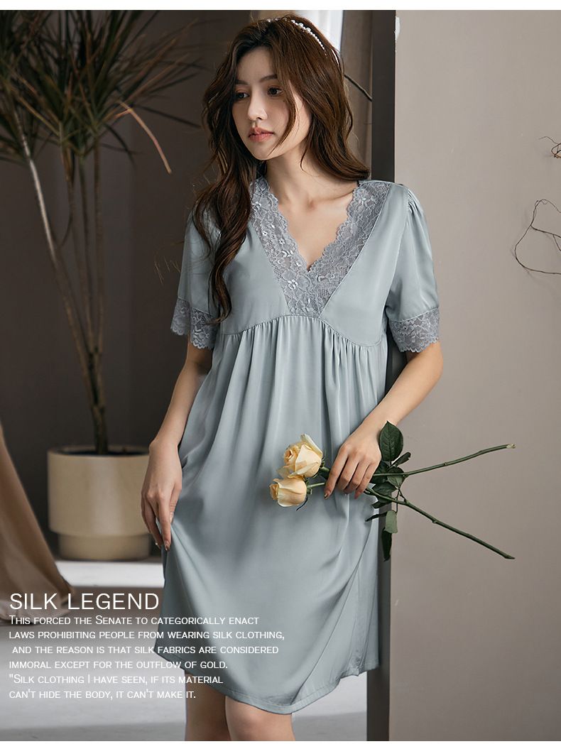 Women's Sleepwears Large Lace Nightdress Medium Length Ice Silk Short Sleeved Simple Large Size Nightdress Home Clothes_voghion.com