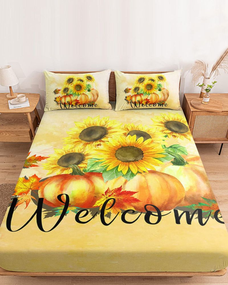 Dreiteiliges Spannbettlaken-Set mit herbstlichem Ahornblattmuster und Digitaldruck, randübergreifendes Spannbettlaken-Bettwäscheset für Erwachsene und Kinder_voghion.com