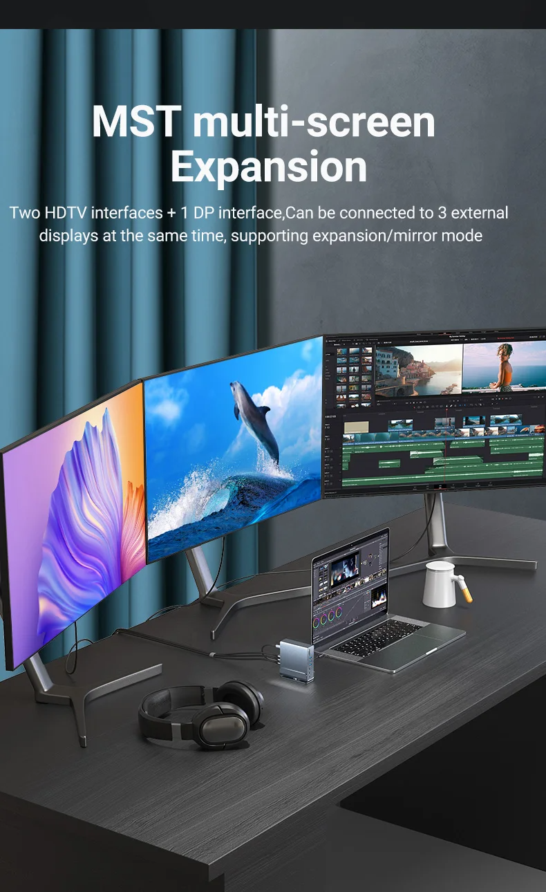 Station d'accueil 15 en 1 : hub USB-C, double adaptateur HDMI, répartiteur USB 3.0 10 Gbit/s, 4K 60 Hz, RJ45 1 000 Mbit/s, USB 3.0, alimentation 100 W._voghion.com