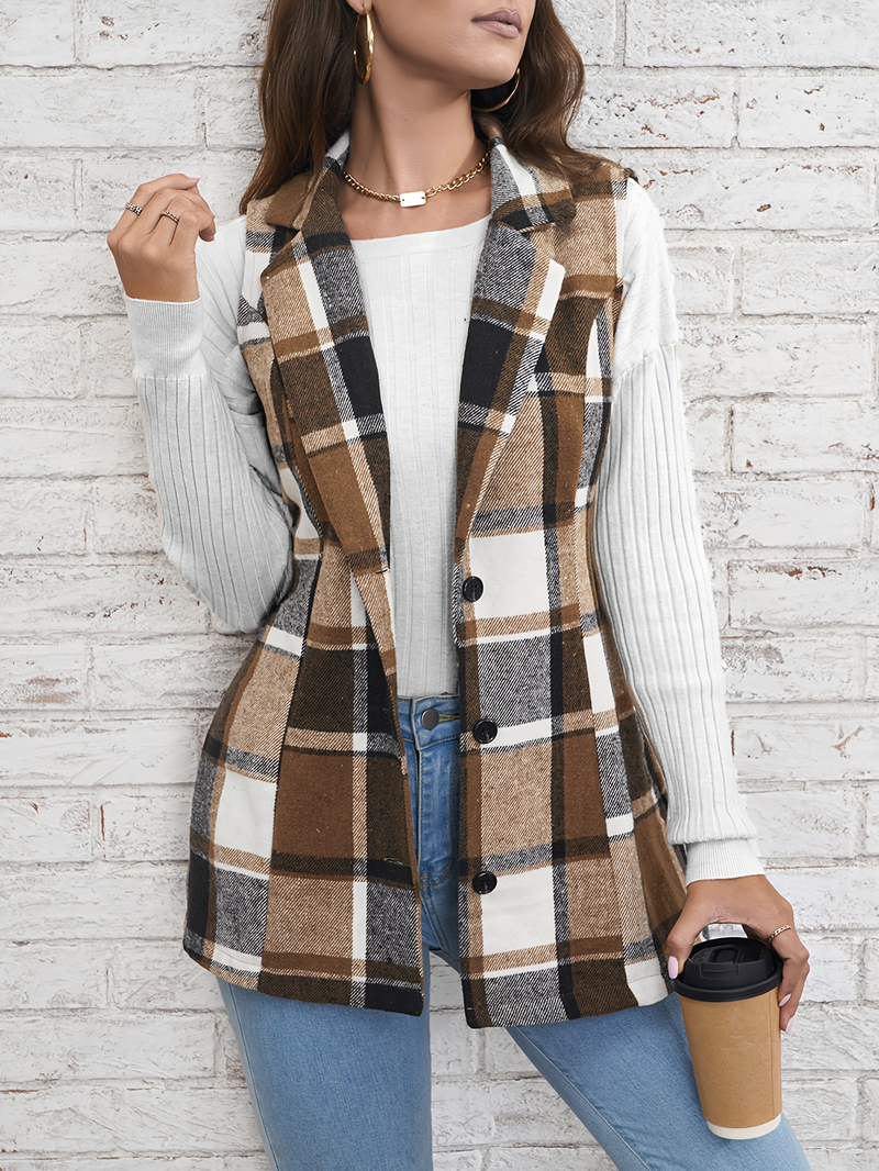 Top da donna alla moda con risvolto monopetto gilet giacca scozzese_voghion.com