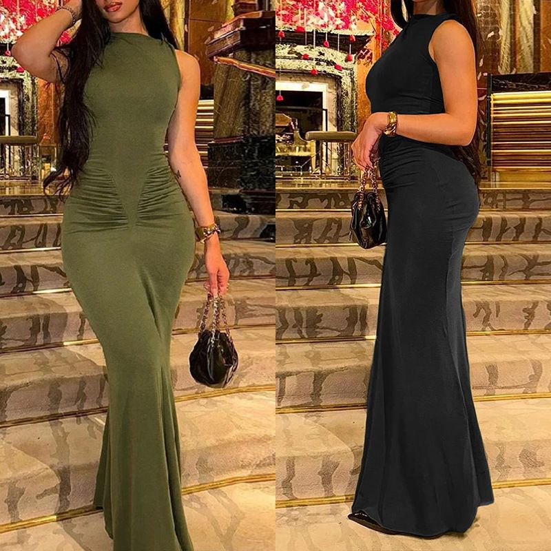 2025 2025 New European And American Women's Fashion Solid Color Elegant Sexy Slim Fit Ruched Bodycon_voghion.com