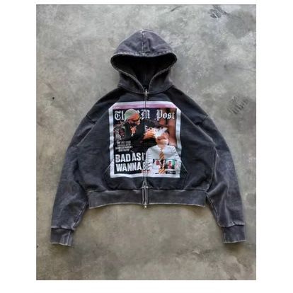 2025BAD Zipper Foreigner Hoodie Cool Internet Celebrity Hooded Cardigan New Printed Top Jacket_voghion.com