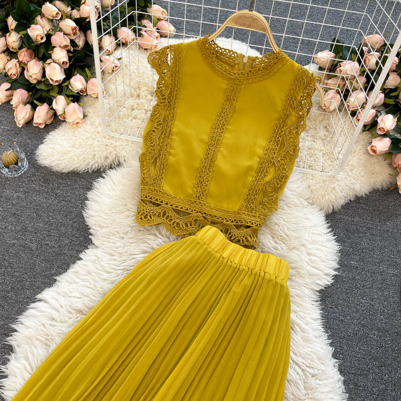 Haut en dentelle pour femmes, taille 1, jupe plissée en mousseline de soie, costume deux pièces_voghion.com