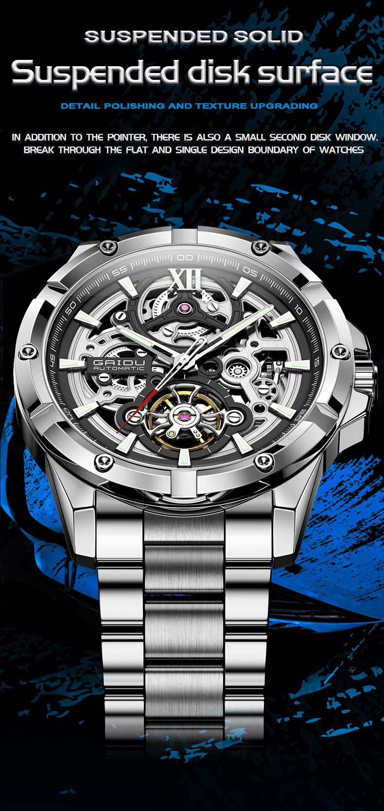 Orologio meccanico scheletrato automatico da uomo con lancette luminose, cinturino in acciaio inossidabile, quadrante rotondo da 42 mm, resistente all'acqua fino a 30 m, completamente automatico_voghion.com