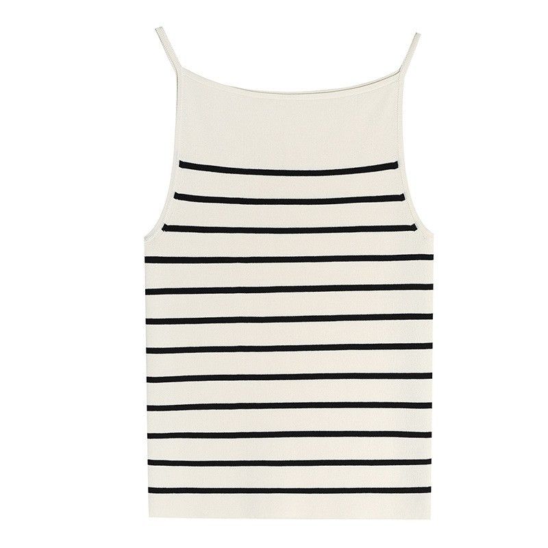 Canotta da donna in maglia a righe, con spalle scoperte, semplice, estiva, di alta qualità e fresca sensazione_voghion.com