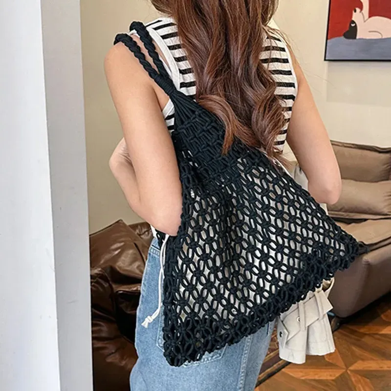 Borse all'uncinetto alla moda per le donne, borsa da spiaggia estiva, borsa a mano in rafia, borsa in paglia estetica, bohémien, intrecciata a maglia, a tracolla_voghion.com