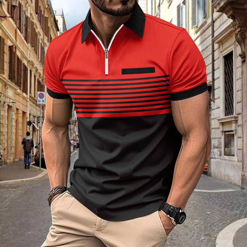 Polo da uomo a righe stampate con cerniera in saldo estivo 2024_voghion.com