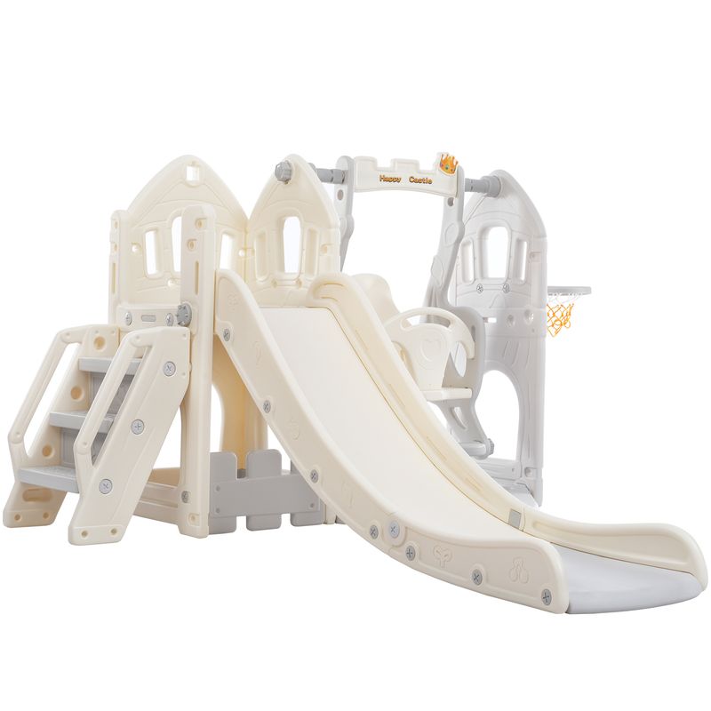 Ensemble de toboggan 5 en 1 pour enfants avec balançoire, escalade, rangement et cadre de basket-ball, toboggan intérieur et balançoire combinés pour enfants_voghion.com