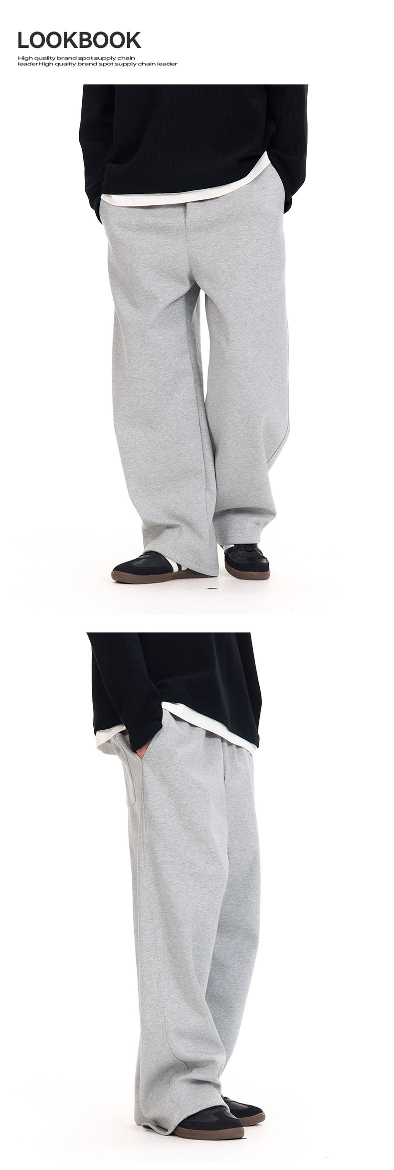 Calças de malha com camada de ar – Calças retas e descontraídas com silhueta drapeada (preto e cinza mesclado, M-XL)_voghion.com