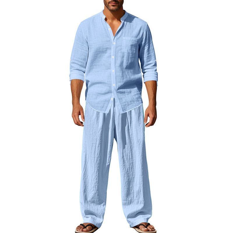 Ensemble de costume décontracté en lin pour homme - Chemise à manches longues et pantalon coupe décontractée - Blanc, noir, gris, kaki, bleu clair (S-XXXL)_voghion.com