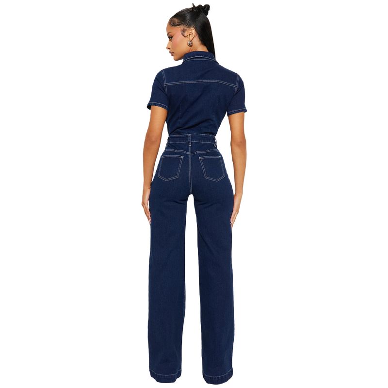 Mono vaquero holgado, elástico, acampanado, lavado, de manga corta, con pantalones de pierna ancha_voghion.com