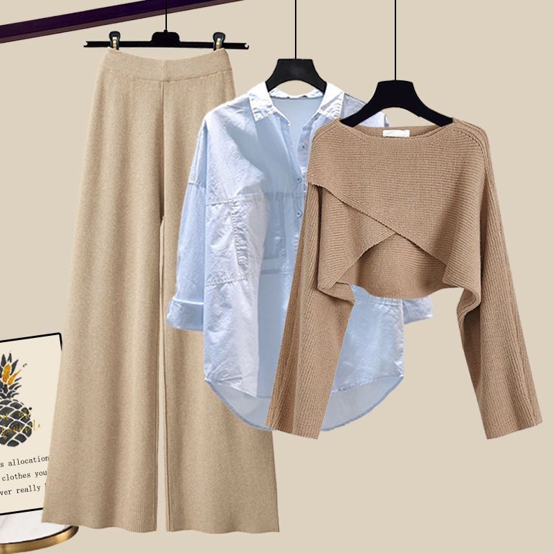 Women’s Clothing Fashion autumn suit women sweater women new large size women's shirt wide leg pants three piece knitted slim_voghion.com