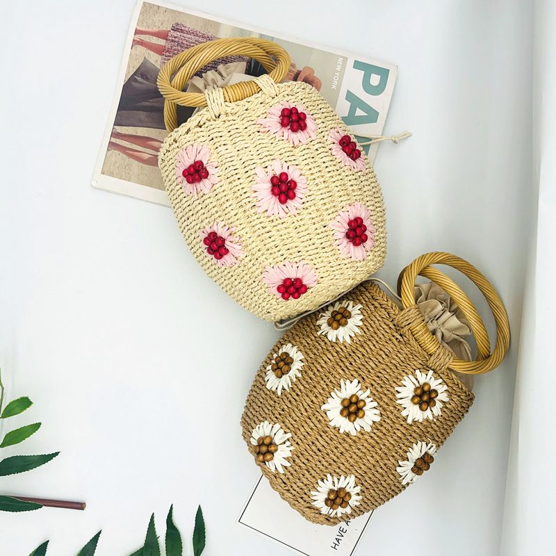 Summer Wooden Beads Flower Rattan Handle New Straw Bag Ladies Bag Hand Held Hand Woven Bag_voghion.com